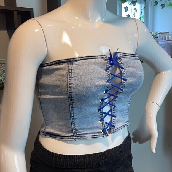 Denim‎ Acid Wash Blue Lace up Tube Top Size Large RefM101 - Picture 6 of 8